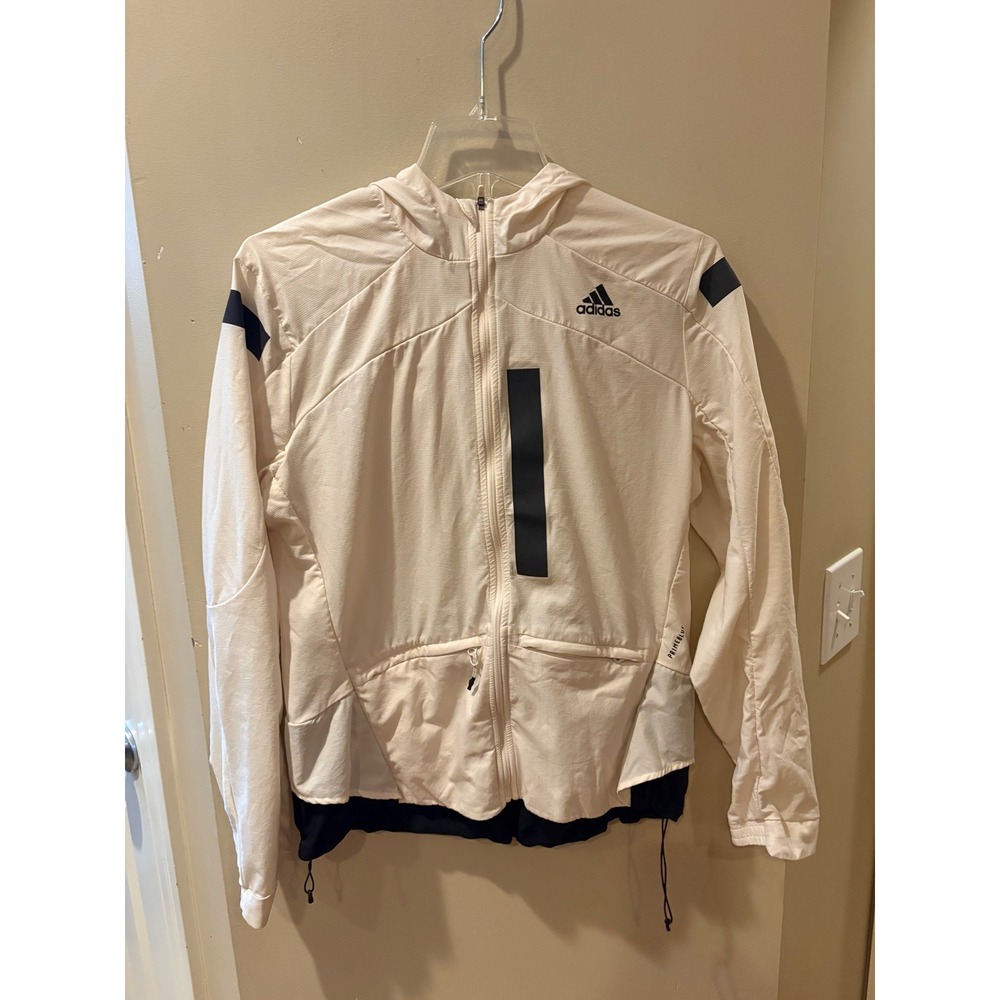 Adidas Primeblue Hooded Windbreaker Jacket Cream Black Womens Medium Running